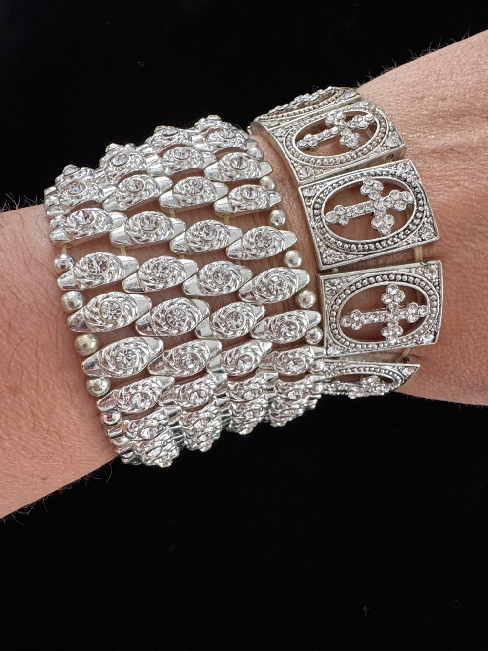 Bundle of 2 Silver-Tone Rhinestone Stretch Bracelets